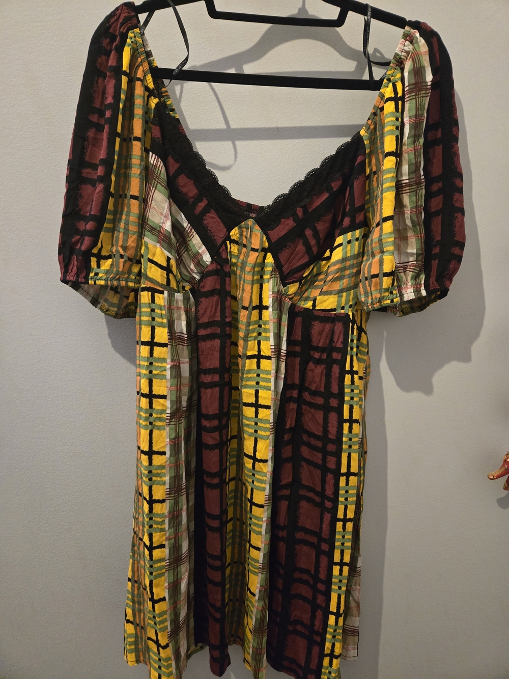 Forever 21 Yellow and Burgundy Plaid Puff Sleeve Mini Dress